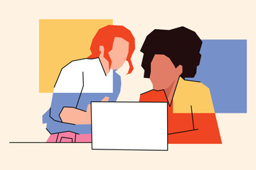 A woman is working together to complete their assignment with a vector design laptop