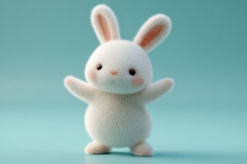 A stuffed rabbit is wearing a brown sweater and is standing on a pink background