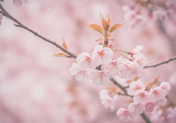 Pink cherry blossoms on a branch with brown leaves blurred pink background with soft focus