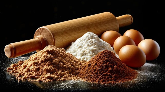 Essential baking ingredients piled high with eggs and rolling pin on dark surface