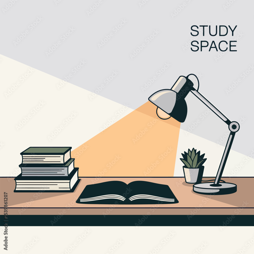 Poster an inviting illustration of a well lit desk setup perfect for studying with books a lamp and a small