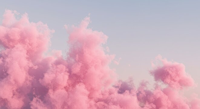 Pink fluffy clouds fill the frame against a pale sky - Powered by Adobe