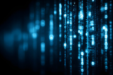 Glowing blue binary code fills digital screen, creating futuristic high-tech atmosphere. abstract data flow represents cybersecurity, programming, artificial intelligence, modern computing technology
