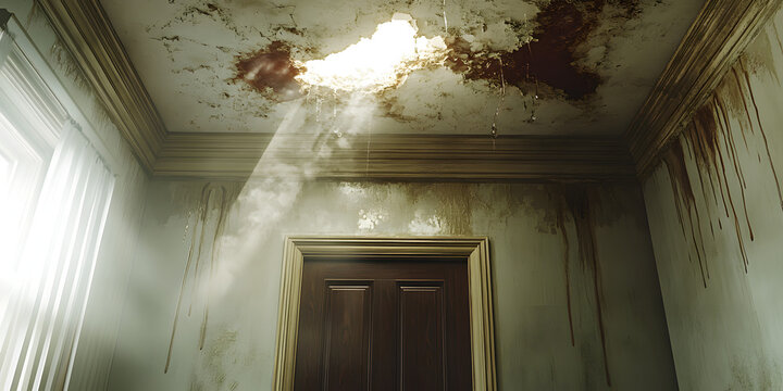 Water stain spreads across an indoor ceiling near a door. Damage, home maintenance, problem