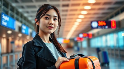 Young korean woman with bright suitcase in a train station hall