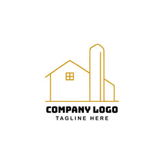 Farmhouse Logo: Simple gold line art outlines a classic farmhouse, evoking a sense of home and rustic charm, ready for your brand.