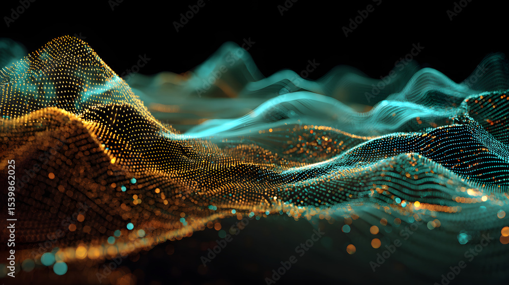 Poster abstract 3d landscape made of glowing data points, visualizing digital waves and futuristic data flo