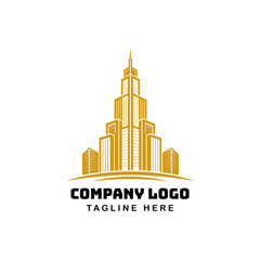 Obraz premium Skyscraper Silhouette Logo: A striking logo design featuring a golden skyscraper silhouette against a backdrop, perfect for representing urban development, corporate success, or modern ventures. 