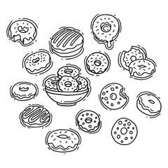 Hand drawn doodle set of donuts. Vector illustration.
