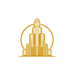 Golden Skyline: A minimalist, vector-style emblem showcases a majestic building, its sleek silhouette highlighted in a radiant gold hue, creating a timeless architectural statement. © FARHANA