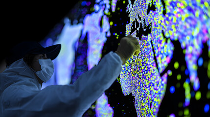 A person in protective gear points at a colorful digital map display, highlighting data or geographic information.