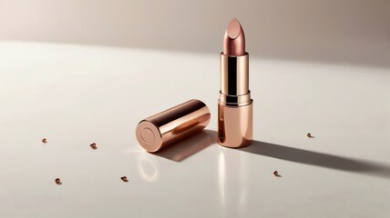 A rose gold lipstick stands next to its cap on a white surface, surrounded by small beads.