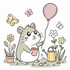 Delightful Cheerful Hamster in a Spring garden scene with with a balloon – Spring Garden vector illustration