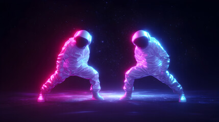 Obraz premium Two astronauts in glowing suits face each other in a dark, starry space environment, illuminated by neon pink and blue lights.