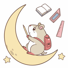 An adorable Hamster with a Gentle vibe, sitting on a moon, and a Chalkboard Fun Back to school theme – SVG style