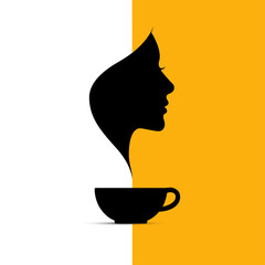 Woman's face is drawn on a yellow background with a cup in the foreground. The cup is half-filled with coffee, and the woman's face is drawn in black. Concept of relaxation and comfort