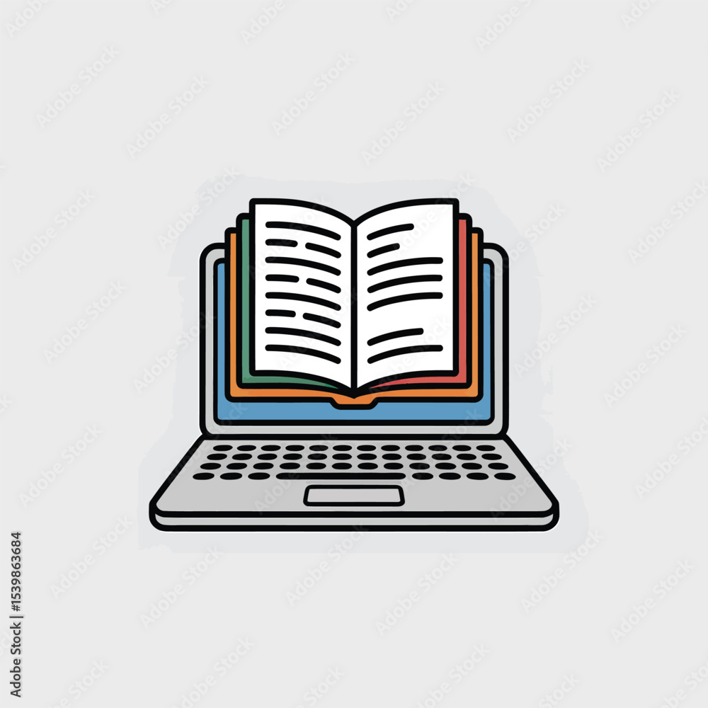 Aufkleber digital learning concept illustrated by an open book displayed on a laptop computer screen depicting