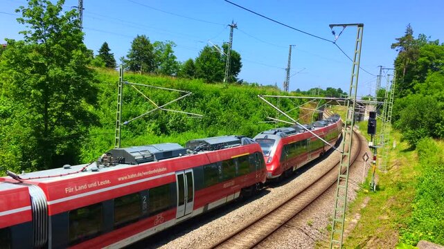 A view in Murnau of a German  passenger  train , Bavaria Germany