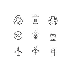 Set of 9 Recycling Icons – Eco-Friendly Vector Symbols of Sustainability, Waste Sorting, and Reuse. Simple line illustration style.
