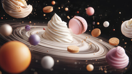 A surreal cosmic scene featuring swirling cream and desserts orbiting like planets in space.