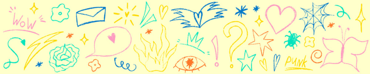 Doodle punk scribble set with heart, flower and butterfly. Sketch scribble doodle y2k punk element. Crayon vector hand drawn.