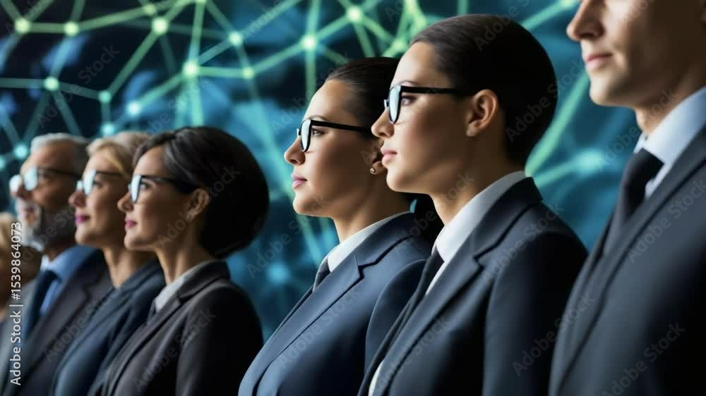 Poster a diverse group of professionals in business attire, standing in profile against a digital backdrop 