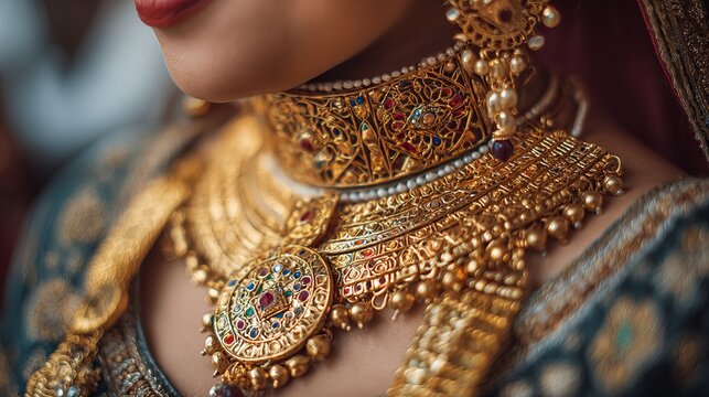 Traditional south asian bride wearing gold jewelry for wedding ceremony