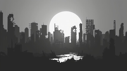 Obraz premium Grayscale silhouette of an apocalyptic ruin cityscape digital art vector illustration 