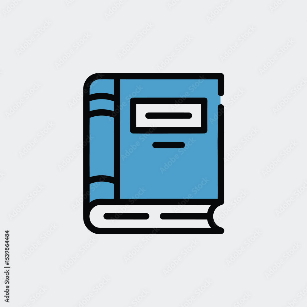Poster flat design illustration of a closed blue book with a white rectangular label and book spine perfect