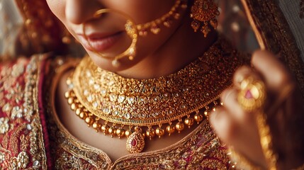 Traditional south asian bride wearing gold jewelry for wedding ceremony