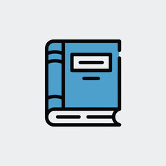 Flat design illustration of a closed blue book with a white rectangular label and book spine perfect for educational topics and learning concepts