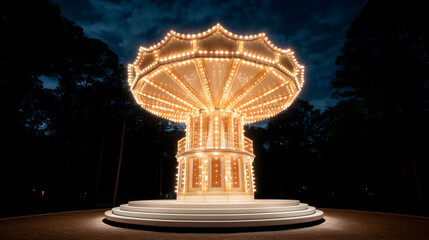 A brightly lit carousel swing ride glowing at night in a park surrounded by trees under a dark sky.