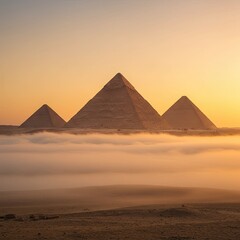 Three pyramids rise above desert and clouds under a warm sky