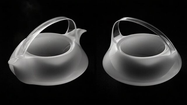 Elegant array of white teapots with translucent handles on black background, clean design