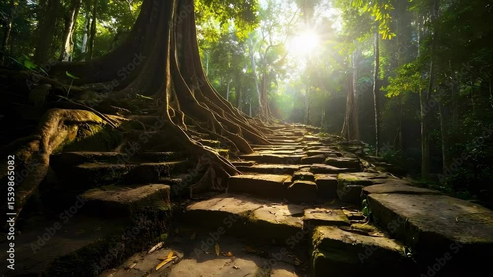 Poster a stone pathway surrounded by lush trees and sunlight filtering through the foliage in a serene fore