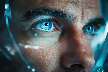 Close-up of a man's face with blue eyes in futuristic helmet. Use for science, exploration, technology, and futuristic themes.