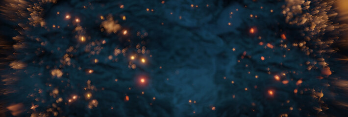Abstract blue background with empty focus surrounded flying glow particles. Selective Focus. 3D Rendering