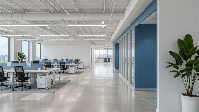 Modern office space with light-colored flooring and teal walls.