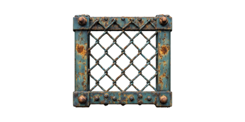 Rusty Metal Grate With Bolts. Industrial Decay And Weathered Texture Isolated On Transparent Background