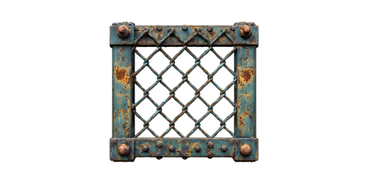 Rusty Metal Grate With Bolts. Industrial Decay And Weathered Texture Isolated On Transparent Background
