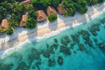 Exotic Beach Resort with Straw Huts and Azure Waters for Tropical Paradise Getaway