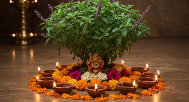 Holy tulsi plant decorated with diyas and flowers