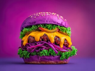 Bold and colorful purple burger layered with fresh lettuce and melted cheese set against a vibrant backdrop showcasing a culinary masterpiece that challenges traditional fast food norms