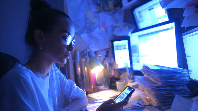 Young woman working late at night in office using smartphone and computer