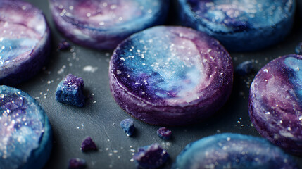 Galaxy-themed macarons with vibrant blue, purple, and white colors, resembling a starry night sky.
