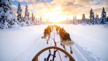 Husky sledding with winter sunset.