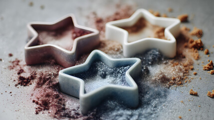Three star-shaped cookie cutters lie on a surface dusted with various colored spices or powders.