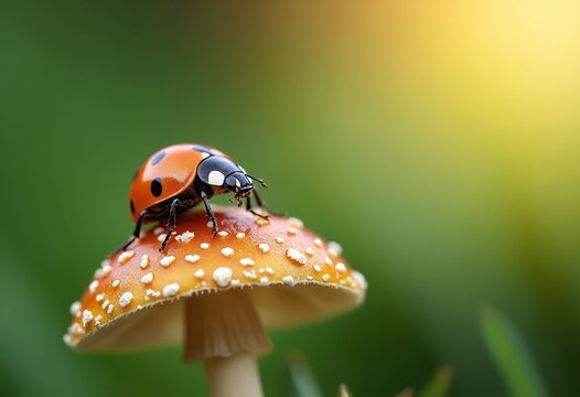 A macro shot of a ladybug on a mushroom