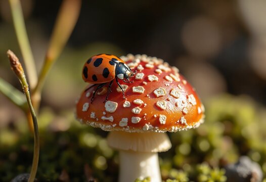 A macro shot of a ladybug on a mushroom
