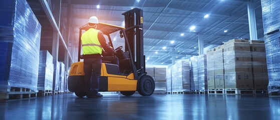 Forklift operating in industrial warehouse setting.